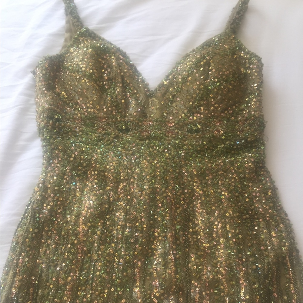 Green/Gold Beaded Lace Prom Dress